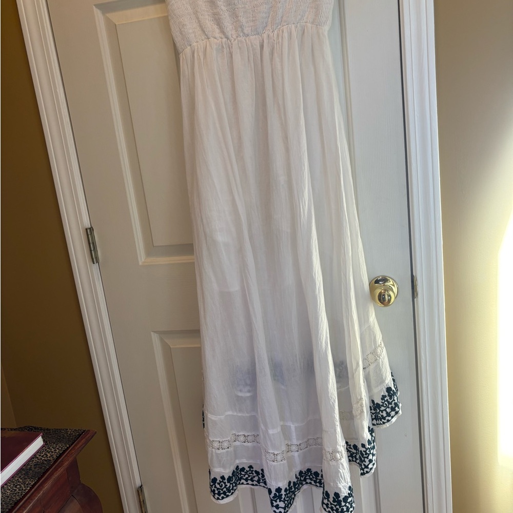 White Strapless Maxi Dress with Black Embroidery